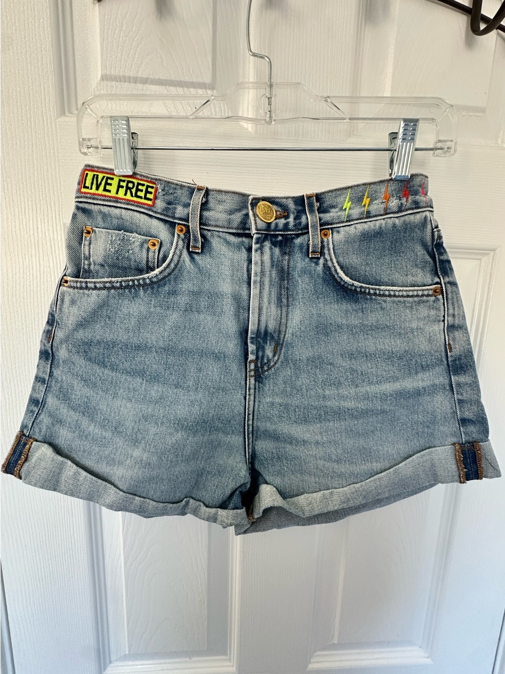 Aviator Nation High Rise Rocker Live Free Denim Shorts- tagged 26- EUC
